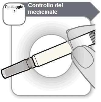 Illustrazione del passaggio 3 per il controllo del medicinale con una mano che tiene una penna iniettiva sopra un cerchio di ispezione