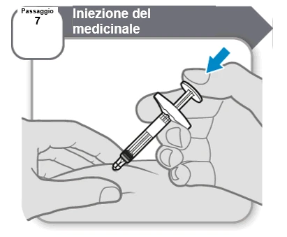 Illustrazione medica del passaggio 7 che mostra due mani che impugnano una siringa per l'iniezione del medicinale su una superficie piana