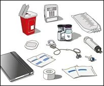 Medical devices including a red waste container, syringe, vial, adhesive bandage, adhesive tape, sheets of paper, and a white electronic device