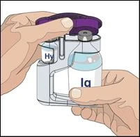 Two hands holding a transparent glass vial with a purple cap and blue liquid inside