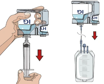 A hand holding an IG vial while another