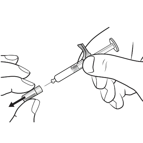 Black and white drawing showing a hand holding a syringe to inject liquid into a finger held by another hand