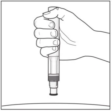 Line drawing of a hand vertically holding a medical injection pen with tip pointing downward