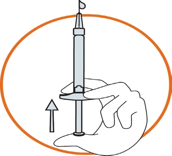 A hand holding a syringe with an arrow pointing downward indicating injection direction