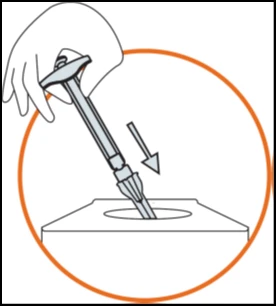 A hand holding a medical device to insert it into a hole on a flat base, with an arrow indicating downward movement