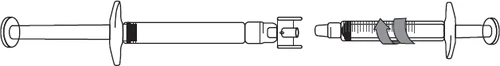 Technical drawing of two horizontal syringes illustrating the rotation mechanism and locking system