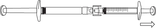 Technical drawing of a horizontal syringe with a plunger being withdrawn to the right, indicated by a downward arrow