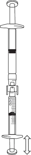 Black and white technical drawing of a syringe with a movable plunger indicated by a vertical double arrow for aspiration movement