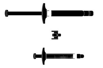 Diagramma tecnico in bianco e nero che mostra i componenti separati di una siringa con pistone, corpo cilindrico e cappuccio protettivo