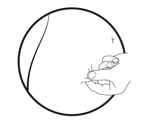 Line drawing within a circle showing a hand pinching the skin of the