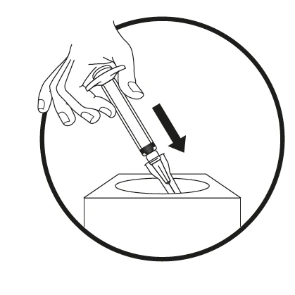 A hand holding a syringe and pushing downward with a black arrow indicating insertion movement into a rectangular container