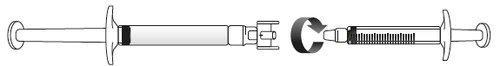 Diagram showing two horizontal syringes and a curved arrow indicating rotation to connect the two components together