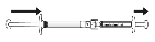 Diagram showing two connected syringes with black arrows indicating pulling motion away from each other