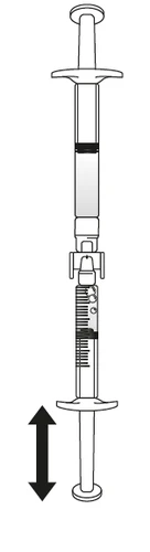 Technical drawing of a syringe with a black double-headed arrow indicating vertical piston movement for