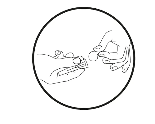 Line drawing of two hands removing a small circular pill from a rectangular blister pack