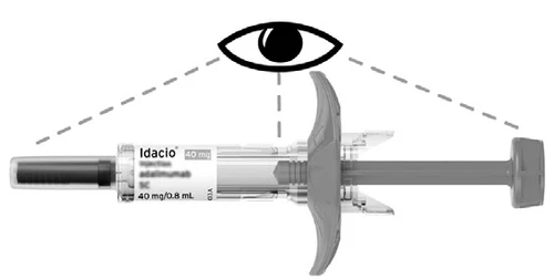 Schematic drawing of a prefilled syringe Idacio with a stylized eye above indicating the field of view via dashed lines