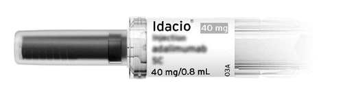 Horizontal prefilled syringe of Idacio 40 mg with white label indicating dosage of 40 mg in 0.8 ml on neutral background