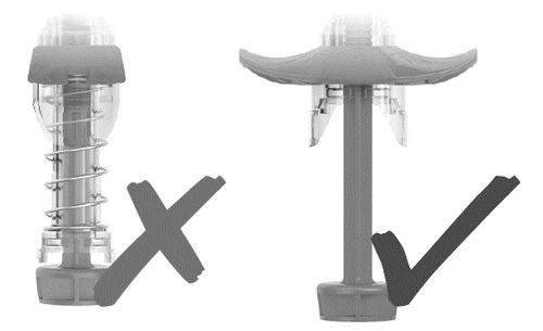 Comparison between two medical devices with a cross above the one on the left and a checkmark above the one on the right with widened base
