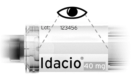 Close-up of an Idacio 40 mg injection pen with an eye symbol highlighting the lot number 123456 printed on the body