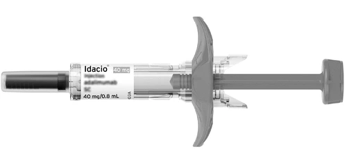 Horizontal prefilled syringe of Idacio 40 mg with white label and transparent body with gray plunger on white background