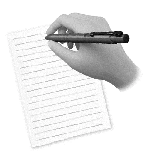 A hand holding a black pen above a white lined paper sheet on neutral background