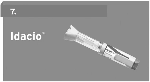 Idacio medical device with transparent body and white text on gray background with the number 7 in the top left corner
