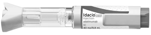 Idacio auto-injector pen 40 mg with transparent body showing internal liquid and white terminal part with black text