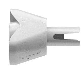 Detail of a white medical device with a horizontal slit and an engraved arrow pointing to the left