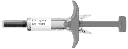 Horizontal medical syringe with label showing EXP 10/2035 and Lot 123456 and gray plunger on white background