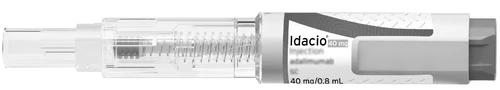 Idacio auto-injector pen 40 mg with transparent body showing internal spring and white body with black text and dosage 40 mg/0.8 ml