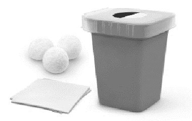 Gray container with white lid, three white balls, and a package of square gauzes on white background