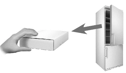A hand moving a white box toward an open refrigerator indicated by a gray arrow pointing to the left