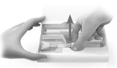 Two hands opening a white box to remove a prefilled syringe indicated by an arrow pointing upward
