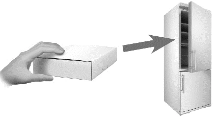A hand holding a white box and a gray arrow indicating the