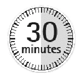 Circular icon with notched border indicating time with the text '30 minutes' in the center and a vertical division between white and gray halves