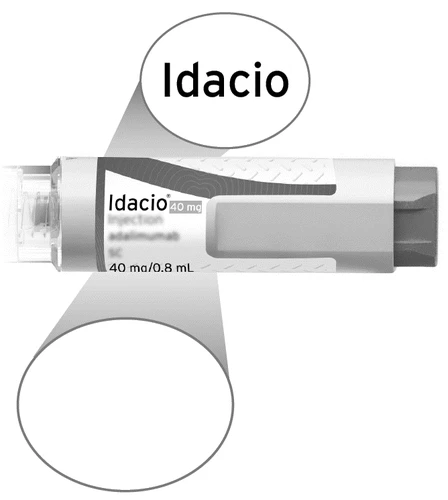 Idacio injection pen 40 mg with label indicating concentration of 40 mg in 0.8 ml on white background with magnification circles