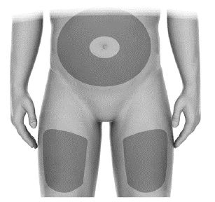 Human body diagram highlighting in dark gray the application areas on the