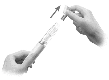 Two hands removing the protective cap from the body of a medical injection pen following the direction indicated by a gray arrow