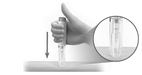 A hand holding a cylindrical medical device and pressing it downward onto the skin with an arrow indicating the direction of movement