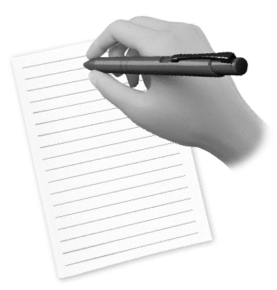 A hand holding a black pen above an inclined lined white sheet of paper ready to write