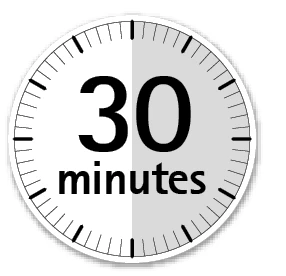 Circular clock with the text '30 minutes' in the center and a gray section indicating a thirty-minute time interval on white background