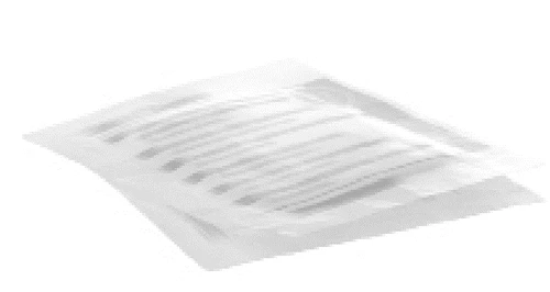Transparent and white plastic pouch with black text at the