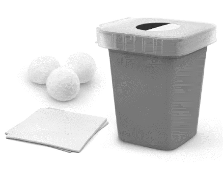 Gray plastic container with white lid, three white cotton balls, and a package of square gauzes on white background