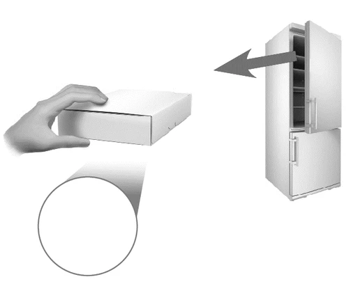 A hand moves a white box toward an open refrigerator with a gray arrow indicating movement toward the