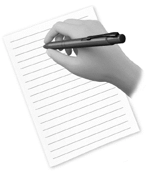 A hand holding a black pen and writing on an inclined horizontally-lined white sheet of paper