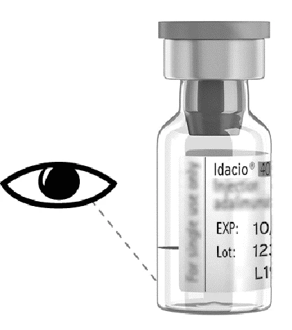 Drawing of an Idacio vial with partial label and an eye-shaped symbol indicating reading of expiration and lot data