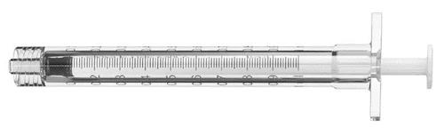 Transparent medical syringe with black metric graduation and white plunger on neutral background