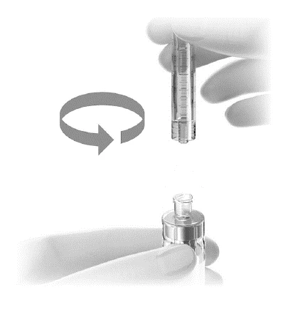 A hand rotating a transparent cylindrical container over another cylindrical component to lock them together