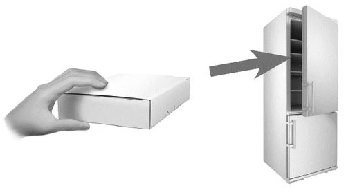 A hand holds a white box and an arrow indicates the positioning of the package into the
