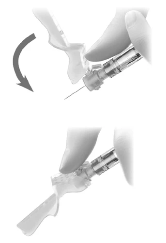 Two illustrations showing how to rotate the upper part of a syringe with fingers to attach or detach the